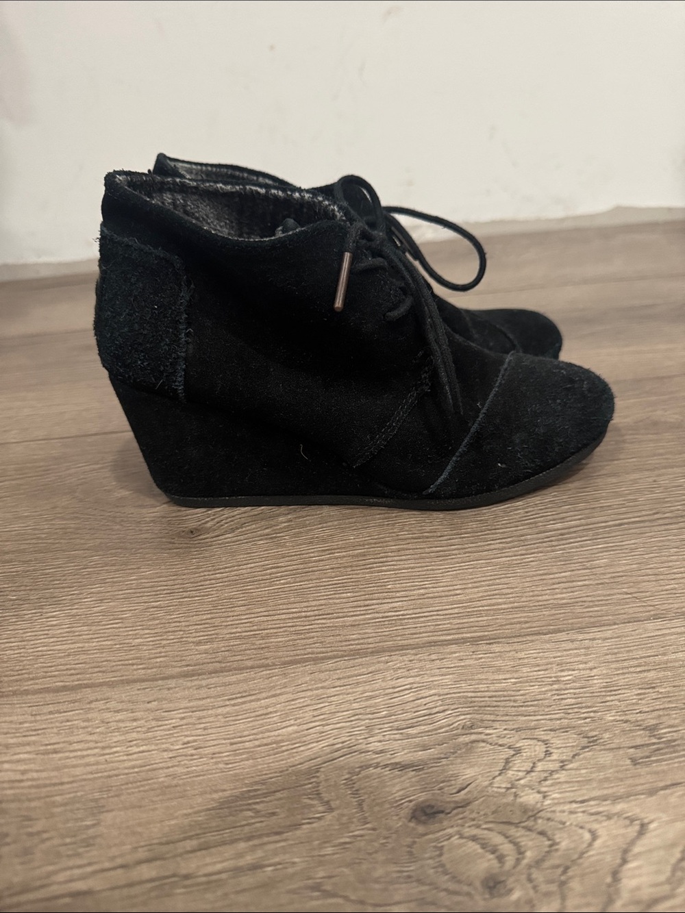 Toms Black Suede Lace-Up Wedge Booties